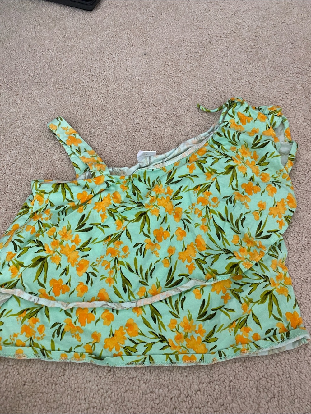 Zara Kids Girls size 13-14 Mint Green Floral Ruffle Tank with Yellow Flowers